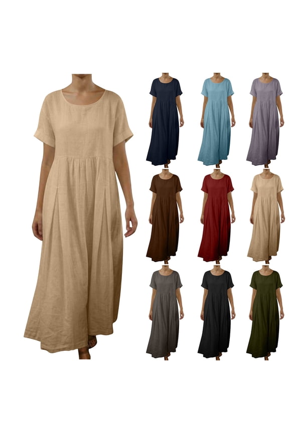 Maxi Dresses for Women Short Sleeve Beach Sundress Women's Summer Round-Neck Dress Casual Solid Color Short Sleeve Long Dress Flowy Casual Maxi Dresses Khaki_2XL