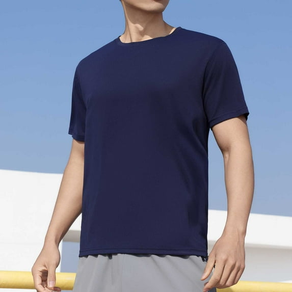 Vibrex Men Sports Short Sleeves T Shirt Man Solid-Color Casual Elastic Sports Short Sleeved Round-Neck Blouses Summer Crew Neck Tee_Navy_2XL