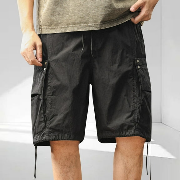 Vibrex Men's Cargo Shorts, Men's Casual Solid Color Drawstring Elastic Waist Breathable Pocket Shorts,Relaxed Fit Cargo Shorts Men Black_XL