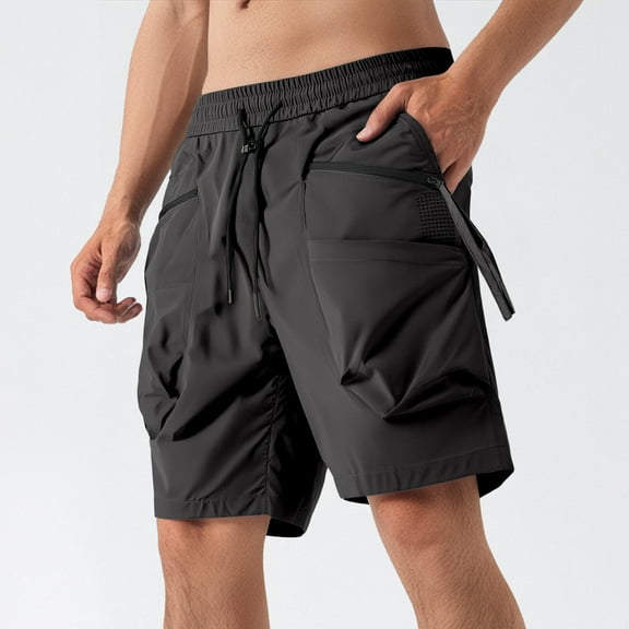 Vibrex Men's Cargo Shorts, Men's Solid Color Elastic Waist Drawstring Cargo Shorts With Pockets,Men's 5-inch Inseam Shorts Black_4XL