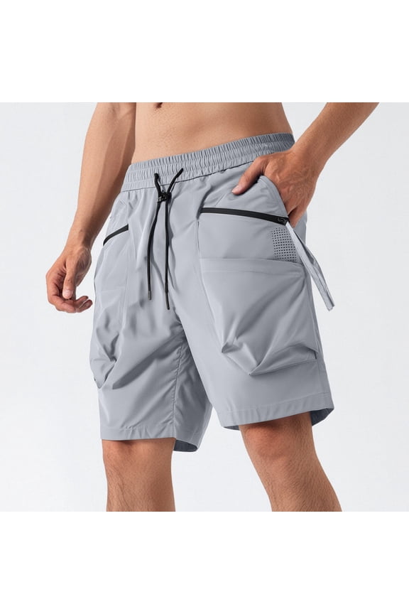 Men's Cargo Shorts, Men's Solid Color Elastic Waist Drawstring Cargo Shorts With Pockets,Men's 5-inch Inseam Shorts Gray_3XL