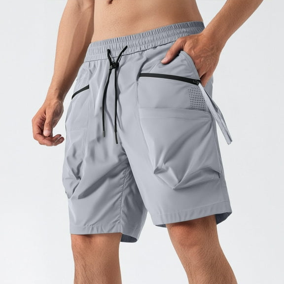 Vibrex Men's Cargo Shorts, Men's Solid Color Elastic Waist Drawstring Cargo Shorts With Pockets,Men's 5-inch Inseam Shorts Gray_M