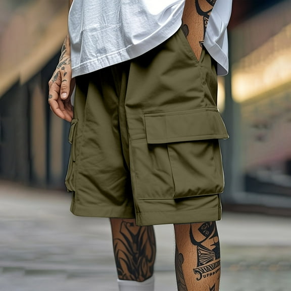 Vibrex Men's Cargo Shorts, Men's Solid Color Workwear Shorts Outdoor Casual Multi Pocket Five Quarter Pants,Men's 5-inch Inseam Shorts Army Green_2XL