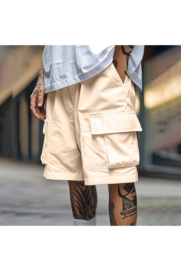 Men's Cargo Shorts, Men's Solid Color Workwear Shorts Outdoor Casual Multi Pocket Five Quarter Pants,Men's 5-inch Inseam Shorts Beige_2XL