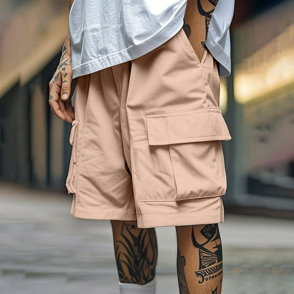 Vibrex Men's Cargo Shorts, Men's Solid Color Workwear Shorts Outdoor Casual Multi Pocket Five Quarter Pants,Men's 5-inch Inseam Shorts Khaki_S