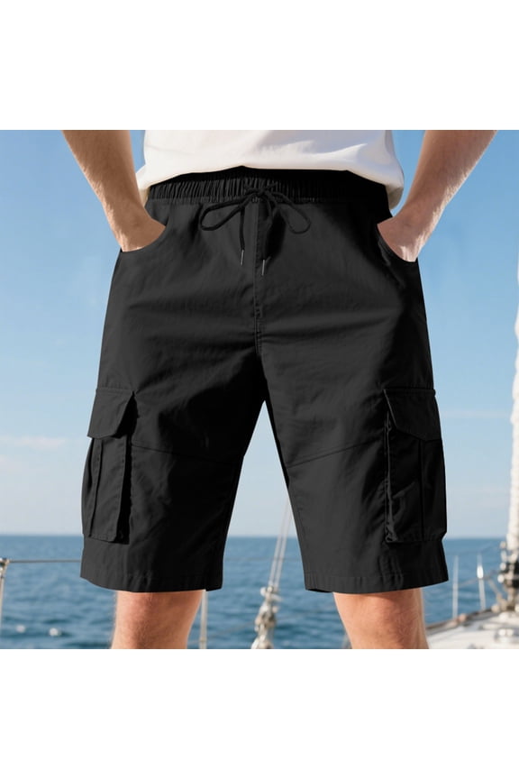Men's Cargo Shorts, Men's Summer Solid Color Pocket Elastic Waist Button Straight Tube Breathable Shorts,Lightweight Cargo Shorts for Men Black_M