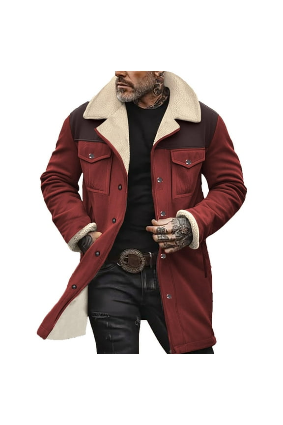 Men's Color Blocking Winter Jacket Thick Thermal Coat Lapel Work Cargo Jackets for Men Zip Up Coat Button Overcoat Warm Winter Trench Coat with Multi-Pocket Wind Breaker Jacket Trendy Clothes