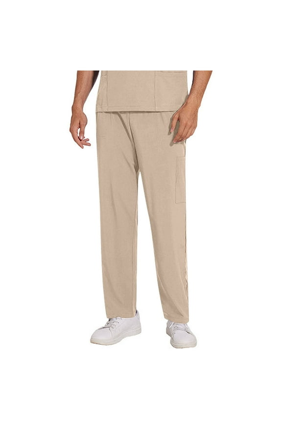 Men’s Elastic Waist Scrub Pants Man's Solid Color Straight Barrel Draw Rope Elastic Waist Multiple Pockets Nursing Worker Pants