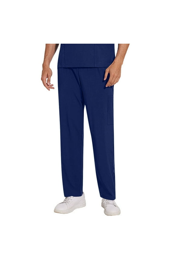 Men’s Elastic Waist Scrub Pants Man's Solid Color Straight Barrel Draw Rope Elastic Waist Multiple Pockets Nursing Worker Pants
