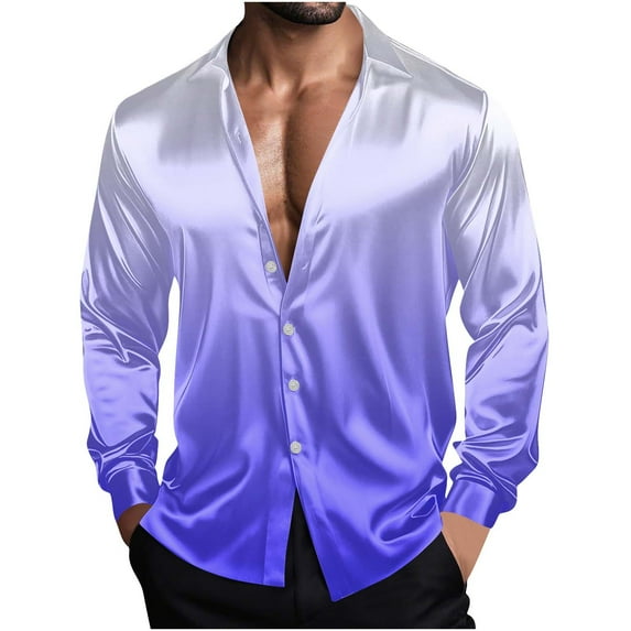 Vibrex Men's Fall Clothes Fashionable Personality Dancing Party Vintage Gradient Color Casual Long Sleeve Turndown Collar Blouse Shirt Comfortable Button Down Top Trendy Oversize Work Shirt