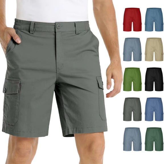 Vibrex Men's Shorts Elastic Waist Straight Buttons Zipper Solid Color Cargo Shorts Loose Comfort Summer Casual Work Shorts with Pockets, Gifts for Men,Gray_S