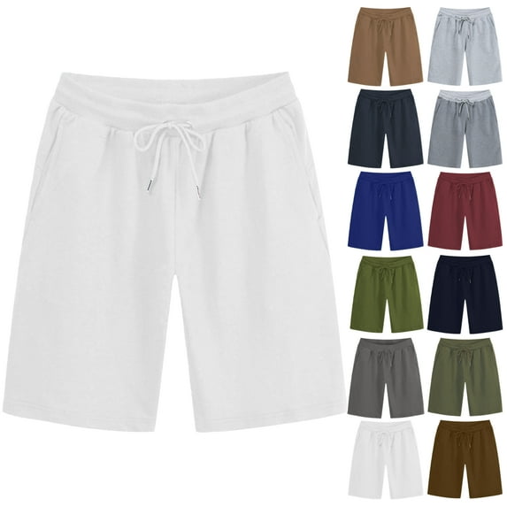 Vibrex Men's Shorts Elastic Waist Straight Drawstring Solid Color Cargo Shorts Loose Comfort Summer Casual Work Shorts with Pockets, Gifts for Men,White_L
