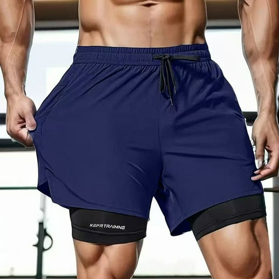 Vibrex Men's Shorts, Men Solid Color Casual Fashion Loose Sports Three-quarter Pants Drawstring Double Layer Exercise Shorts Pants, Navy_XS