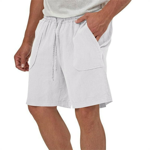 Vibrex Men's Shorts, Men Style Linen Solid Color Casual Fashion With Pockets Drawstring Waist Short Pants, White_2XL