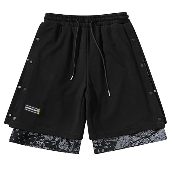 Vibrex Men's Shorts, Men's Double-layer Trendy Printed Casual Sports Shorts, Black_L
