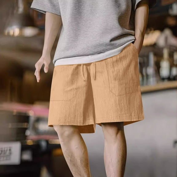 Vibrex Men's Shorts, Summer Men's Casual And Fashionable Solid Color Drawstring Elastic Waist Shorts,Men's Shorts with Zipper Pockets Khaki_2XL