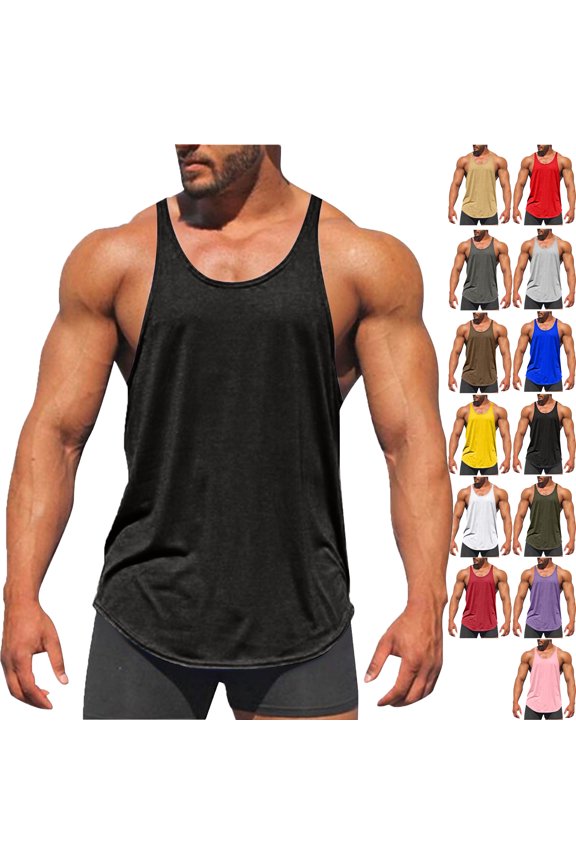 Men's Solid Color Elasticity Sports Tank Top Cotton Round Neck Stringer Tank Tops Y-Back Gym Fitness Workout Training Running T-Shirts Athletic Top