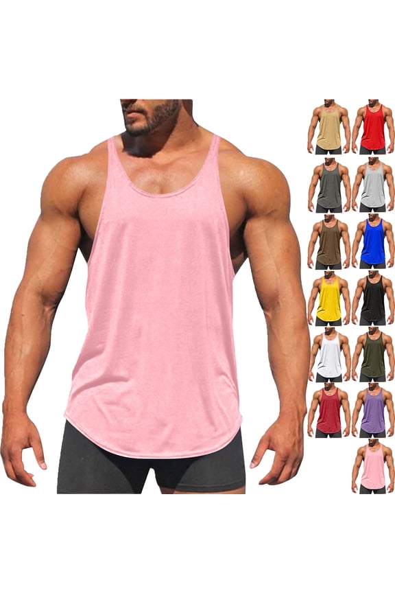 Men's Solid Color Elasticity Sports Tank Top Cotton Round Neck Stringer Tank Tops Y-Back Gym Fitness Workout Training Running T-Shirts Athletic Top