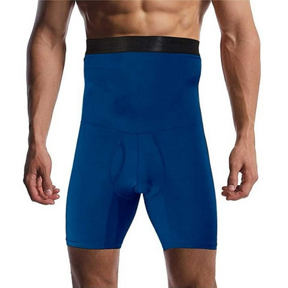 Vibrex Men's Solid Color Shorts, High Waist Tummy Control Hip Lifting Shaping Shorts, Crotch Compression Double Layer 5-Inch Quick Dry Athletic Shorts For Sports,Running And Fitness_Blue_M