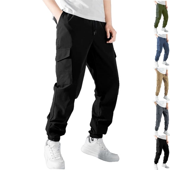 Vibrex Mens Casual Joggers Solid Color Pants Drawstring Cargo Pants Hiking Outdoor Twill Track Jogging Sweatpants Pants Elastic Waist Foot Binding Daily Commuting Street Fashion Pants