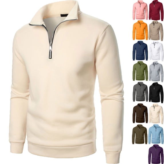 Vibrex Mens Pullover Fashion Casual Solid Color Stand Up Collar Zipper Long Sleeved Pullover Top Comfortable Lightweight Men's Quarter Zip Up Mock Neck Pullover Casual Soft Sport Sweatshirt