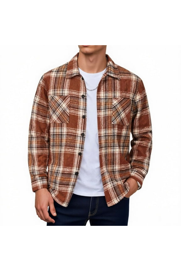 Mens Shacket Casual Jacket Plaid Button Down Long Sleeve Shirt Fall Winter Outfits Mens Flannel Shirts Jackets Casual Plaid Shirt Lightweight Jackets with Pockets Outdoor Loose Shirt