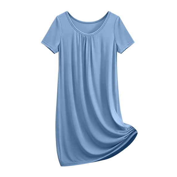 Vibrex Nightgowns For Women Summer Casual Fashion Solid Color Crew Neck Short Sleeve Mini Dress Nightgown Lounge Dress Spring Fall Outfits Light Blue_L