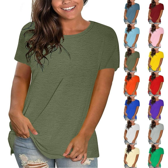 Vibrex Oversized Summer Solid Color T Shirts for Women Fashion Workout Plus Size Tops Short Sleeve Beach Vacation Gym Clothes Womens Round Neck Causal Fashion Basic Tee Athletic Tops for Women