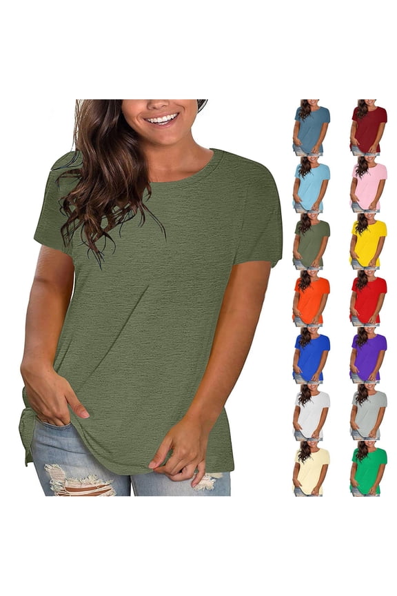 Oversized Summer Solid Color T Shirts for Women Fashion Workout Plus Size Tops Short Sleeve Beach Vacation Gym Clothes Womens Round Neck Causal Fashion Basic Tee Athletic Tops for Women