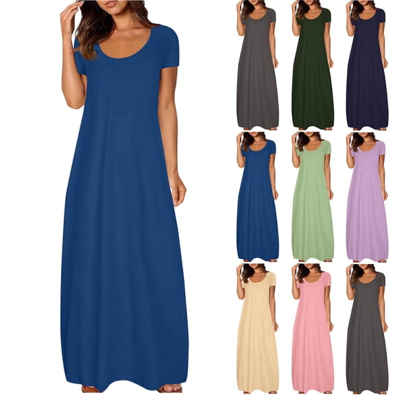 Vibrex Plus Size House Dresses Business Casual Outfits Short Sleeve Round Neck Loose Solid Color Long Bodycon Maxi Dress Elegant Curvy Long Form-Fitting Dress Casual Summer Dresses for Women