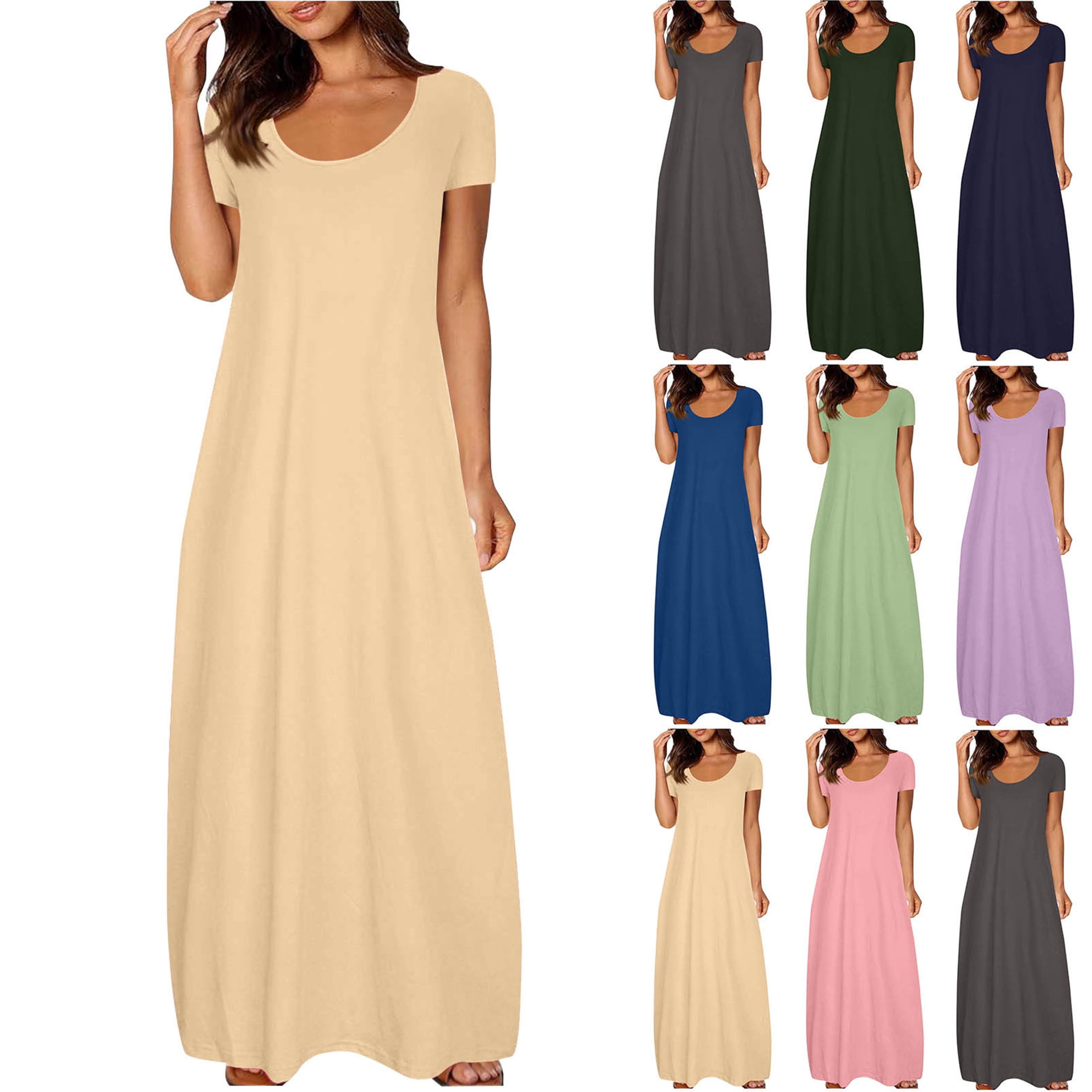 long house dresses plus size Vibrex Plus Size House Dresses Business Casual Outfits Short Sleeve Round Neck Loose Solid Color Long Bodycon Maxi Dress Elegant Curvy Long Form-