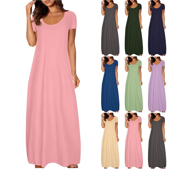 Vibrex Plus Size House Dresses Business Casual Outfits Short Sleeve Round Neck Loose Solid Color Long Bodycon Maxi Dress Elegant Curvy Long Form-Fitting Dress Casual Summer Dresses for Women