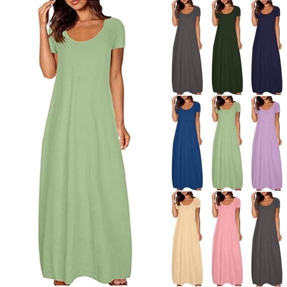 Vibrex Plus Size House Dresses Business Casual Outfits Short Sleeve Round Neck Loose Solid Color Long Bodycon Maxi Dress Elegant Curvy Long Form-Fitting Dress Casual Summer Dresses for Women