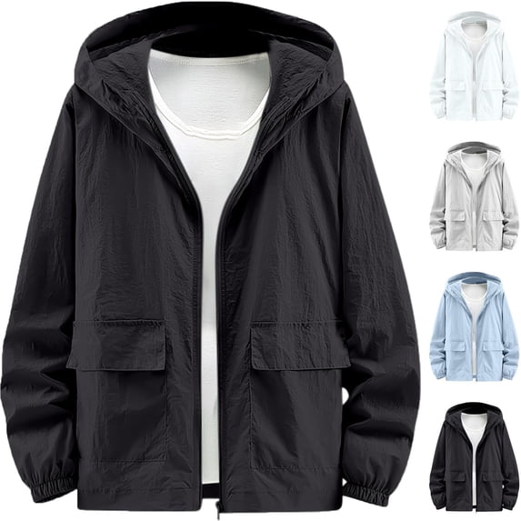 Vibrex Plus Size Mens Loose Sunscreen Hooded Athletic Jackets for Outdoor Fishing Hiking Full Zipper with Pockets Lightweight Summer Jackets Thin Hoodie Solid Color Sweatshirt Soft Hoodies