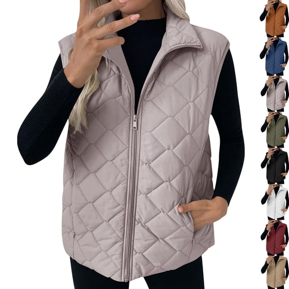 Vibrex Puffer Vest Women Lightweight Sleeveless Quilted Jackets Zip Up Stand Collar Fall Winter Coat With Pockets Solid Color Women's Quilted Vest Padded Gilet Oversized Thermal Vests for Women