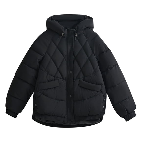 Vibrex Quilted Jackets for Women Winter Jacket with Hood Overcoat Solid Color Long Sleeve Coats Elasticity Fashion Clothes Fall Pullover Stretchable Cropped Jacket Women Baggy Oversized Jacket