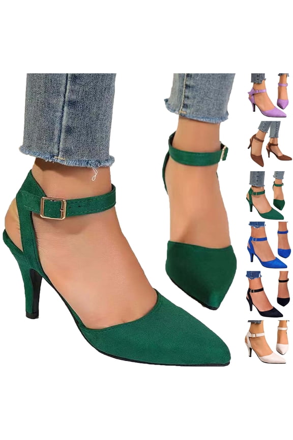 Shoes for Women Dressy Casual Women's Summer Large Size Suede Hollow Ankle Buckle Fashion Outside Wearing Women's High Heels Solid Color Pointed Sandals Ankle Strap Short Sandalswith Buckle