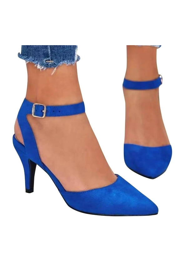 Shoes for Women Dressy Casual Women's Summer Large Size Suede Hollow Ankle Buckle Fashion Outside Wearing Women's High Heels Solid Color Pointed Sandals Ankle Strap Short Sandalswith Buckle
