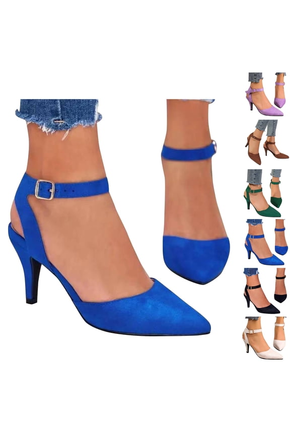 Shoes for Women Dressy Casual Women's Summer Large Size Suede Hollow Ankle Buckle Fashion Outside Wearing Women's High Heels Solid Color Pointed Sandals Ankle Strap Short Sandalswith Buckle