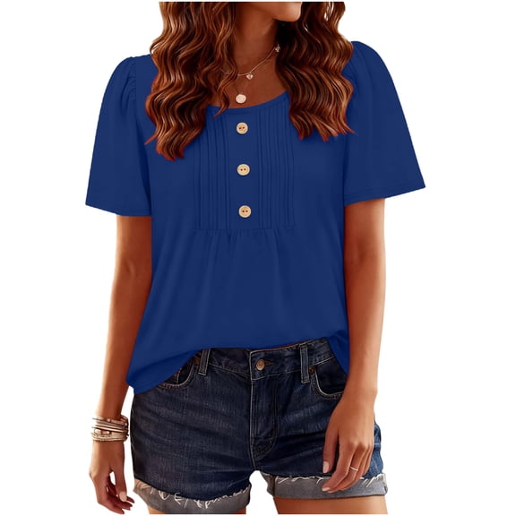 Vibrex Short Sleeve Shirts for Women Fashion Spring and Summer Solid Color Base T Shirt Pleated Button Round Neck Tshirts Casual Loose Basic Tee Shirt