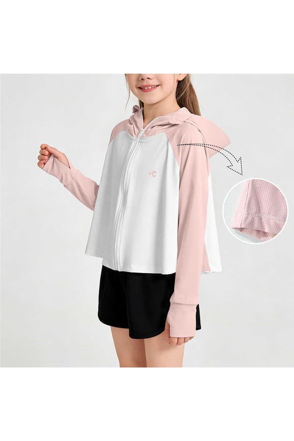 Spring And Summer Solid Color Zipper Jacket Girls Short Thin Sun Protection Jacket Long-Sleeved Hooded Casual Top Suitable For Travel, Vacation, Summer Outdoor Activities_Pink_1-2 Years