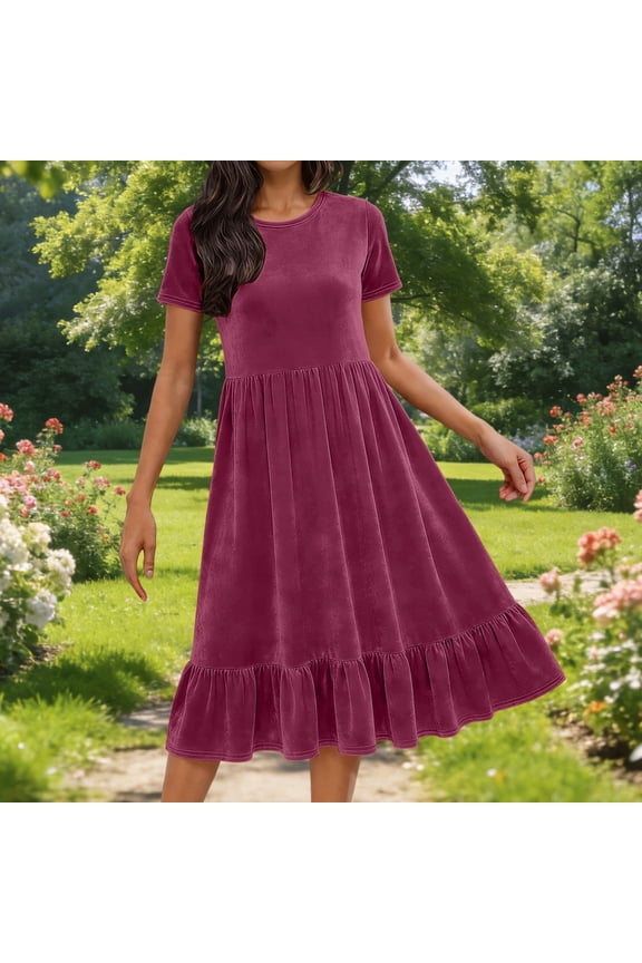 Summer Dresses for Women Beach Sundress Women's Fashion Solid Color Loose Round Neck Short Sleeve Velvet Dress Women's Dress Flowy Casual Maxi Dresses Hot Pink_2XL