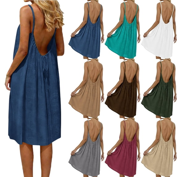 Vibrex Summer Dresses for Women Fashion Women Summer Round-Neck Casual Solid Sleeveless Sleepshirts Sling Backless Dress Flowy Casual Maxi Dresses 02-Dark Blue_S