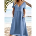 thumbnail image 1 of Vibrex Summer Dresses for Women Plus Size Women's V-Neck Solid-Color Casual Long-Sleeved Pocket Short Dress Vacation Sundress Light Blue_XL, 1 of 6
