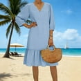 thumbnail image 1 of Vibrex Summer Dresses for Women Women's Fashion Solid Color Loose V-neck Linen Dress Flowy Casual Maxi Dresses 01-Blue_S, 1 of 9