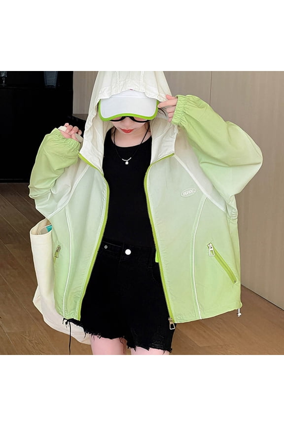 Summer Gradient Color Casual Sun Protection Jacket Medium and Large Children's Thin Jacket Long Sleeve Hooded Top Suitable For Travel, Vacation, Summer Outdoor Activities_Green_6-7 Years