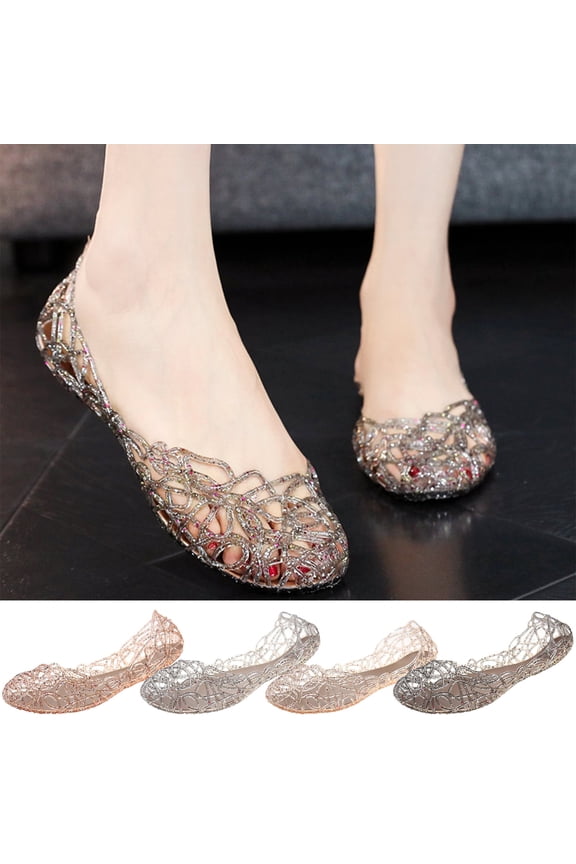 Summer Hollow Out Flat Sandals Women's Casual Shoes Crystal Plastic Jelly Shoes Women's Sandals Perfect For Travel,Daily,Vacations,Part,Dates,Work_Black_5.5