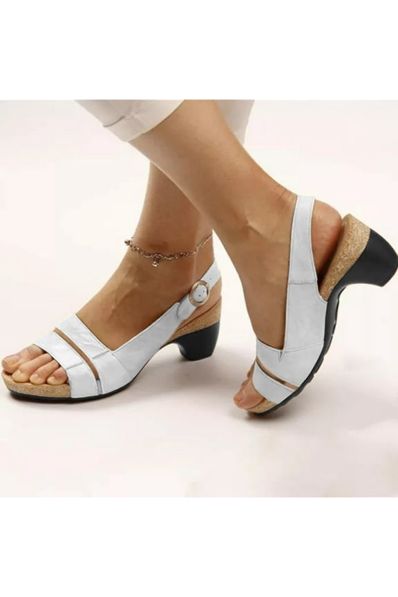 Summer Ladies Shoes Fish Mouth Medium Thick Heel Metal Buckle Women's Sandals Women's Sandals Perfect For Travel,Daily,Vacations,Part,Dates,Work_White_9