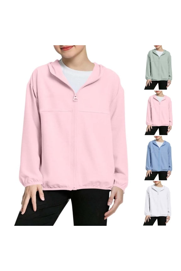 Summer Solid Color Casual Mesh Sun Protection Jacket For Boys And Girls Thin Jacket Long-Sleeved Hooded Top Suitable For Travel, Vacation, Summer Outdoor Activities_Pink_4-5 Years