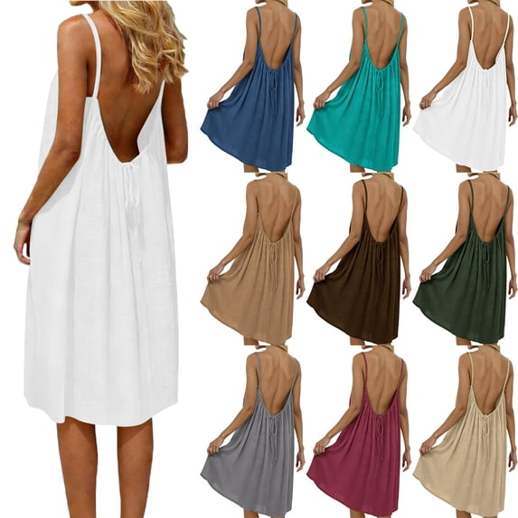 Vibrex Sun Dresses for Women Fashion Women Summer Round-Neck Casual Solid Sleeveless Sleepshirts Sling Backless Dress Vacation Sundress 01-White_S